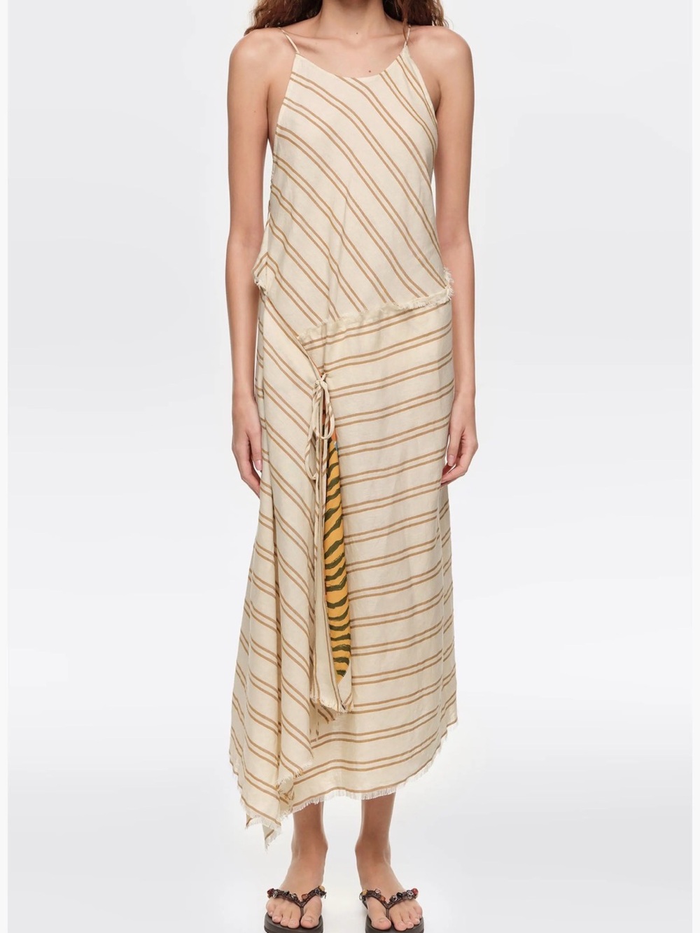 Striped Cream Midi Slip Dress with Tan Accent Tie
